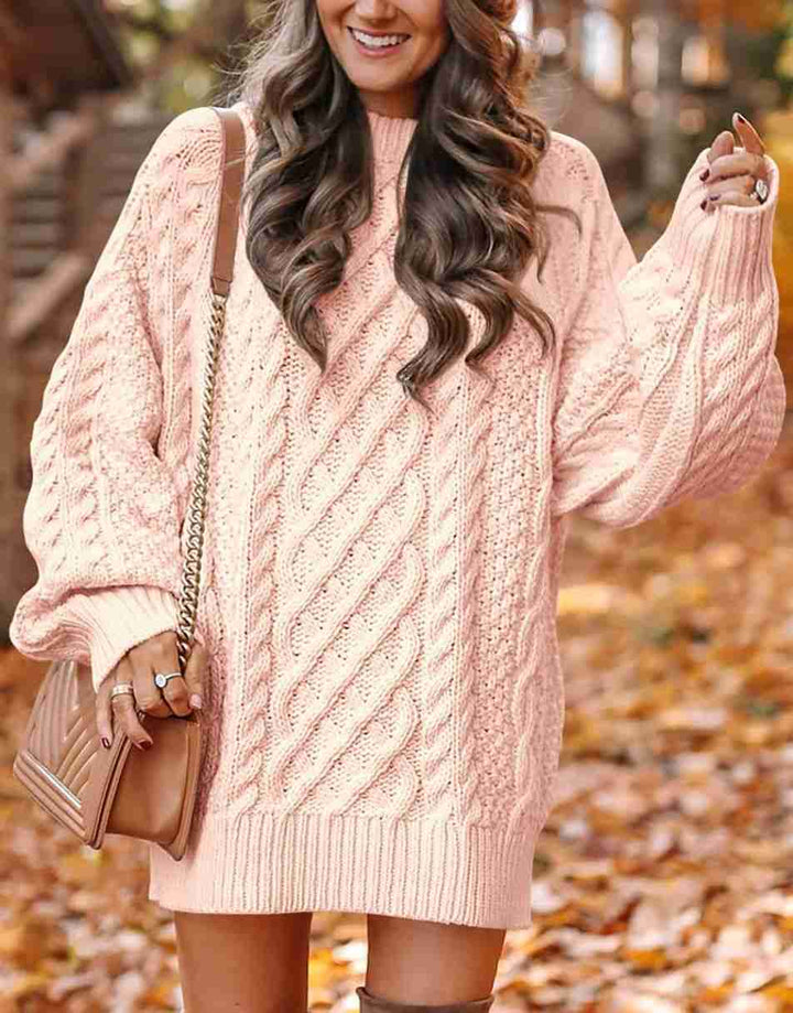 ANRABESS Women 2023 Fall Crewneck Long Sleeve Oversized Cable Knit Chunky Pullover Short Sweater Dresses