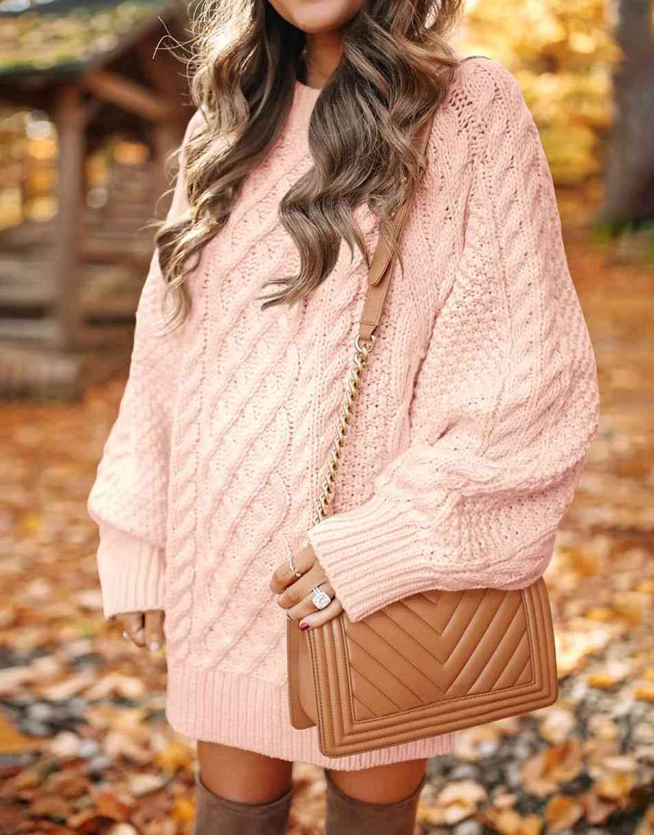 ANRABESS Women 2023 Fall Crewneck Long Sleeve Oversized Cable Knit Chunky Pullover Short Sweater Dresses