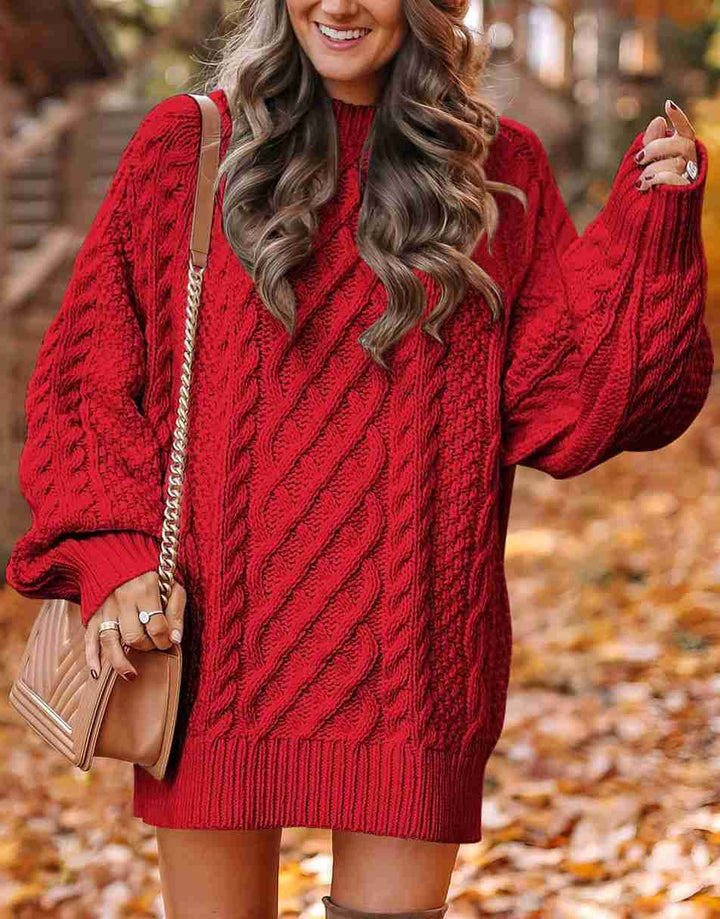 ANRABESS Women 2023 Fall Crewneck Long Sleeve Oversized Cable Knit Chunky Pullover Short Sweater Dresses