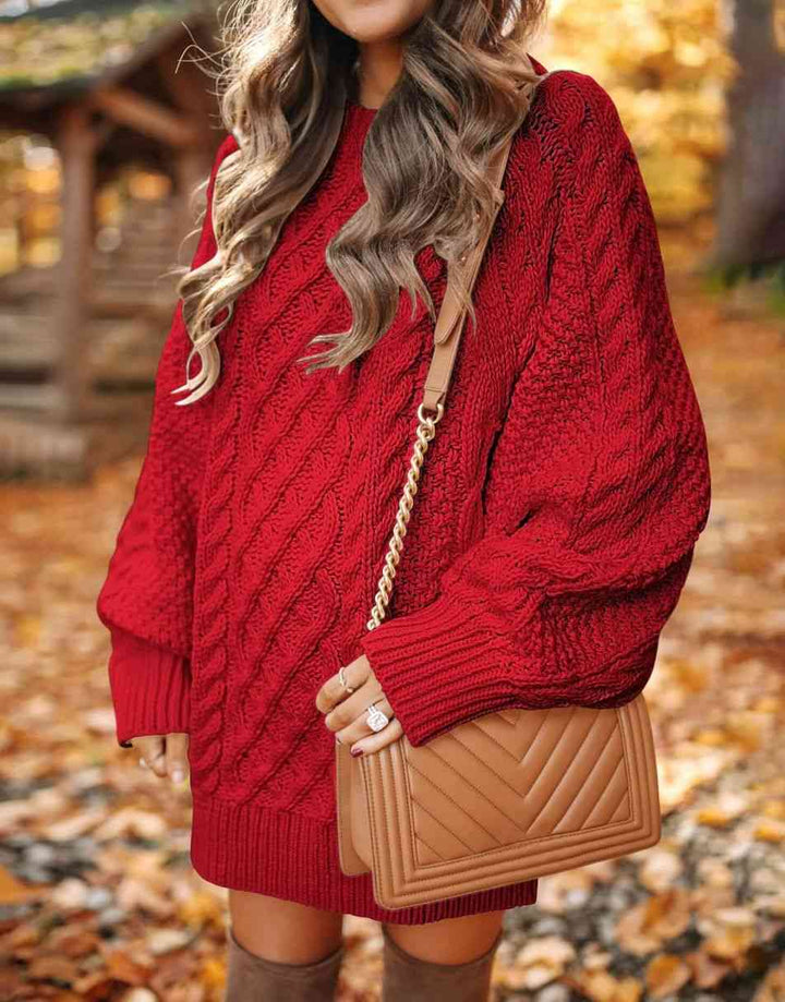 ANRABESS Women 2023 Fall Crewneck Long Sleeve Oversized Cable Knit Chunky Pullover Short Sweater Dresses