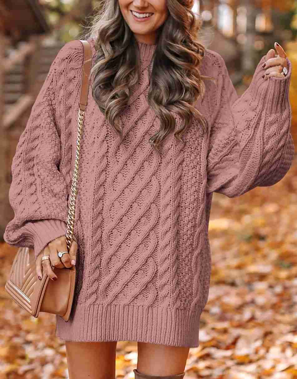 ANRABESS Women 2023 Fall Crewneck Long Sleeve Oversized Cable Knit Chunky Pullover Short Sweater Dresses