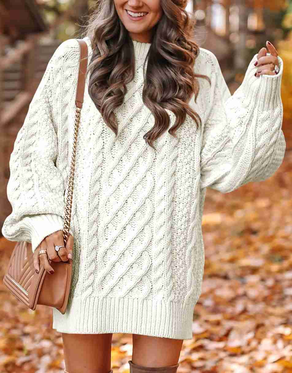 ANRABESS Women 2023 Fall Crewneck Long Sleeve Oversized Cable Knit Chunky Pullover Short Sweater Dresses