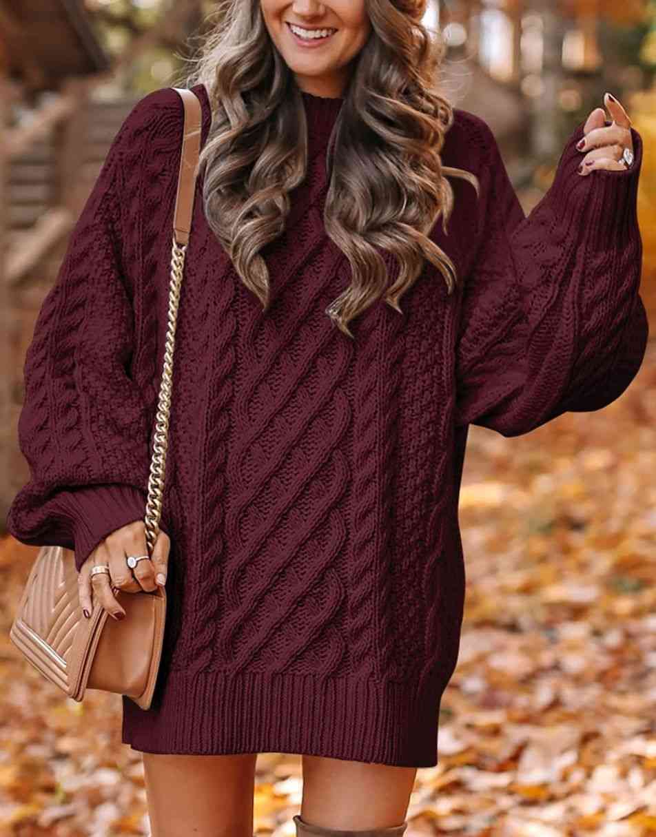 ANRABESS Women 2023 Fall Crewneck Long Sleeve Oversized Cable Knit Chunky Pullover Short Sweater Dresses