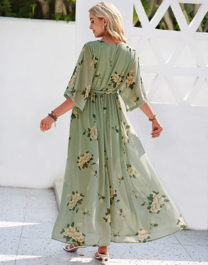 ANRABESS Women’s Summer Loose Kimono Wrap V Neck 3/4 Sleeve Floral Print Slit Long Dresses