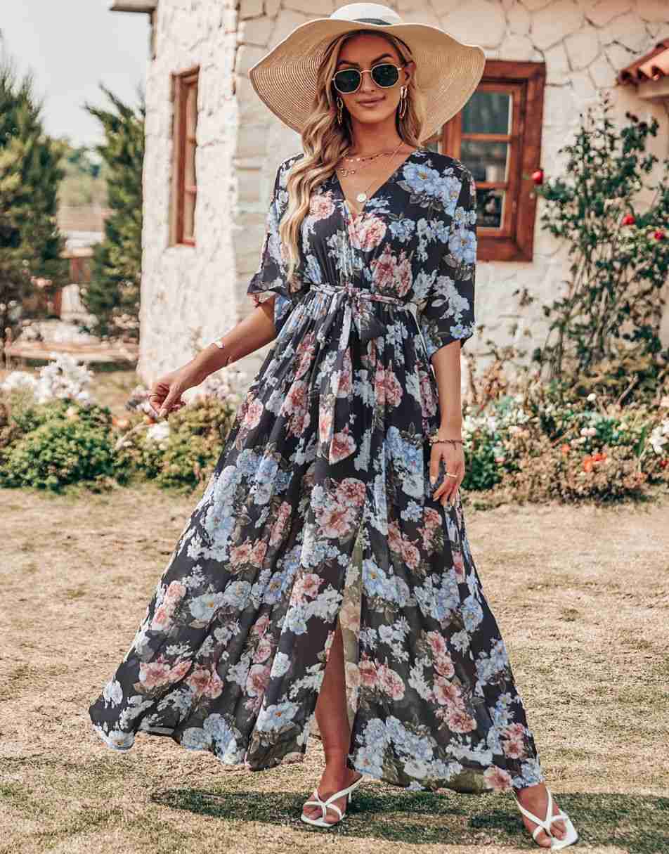 ANRABESS Floral Print Kimono Wrap V-Neck Long Dress ANRABESS Floral Print Kimono Wrap V-Neck Long Dress