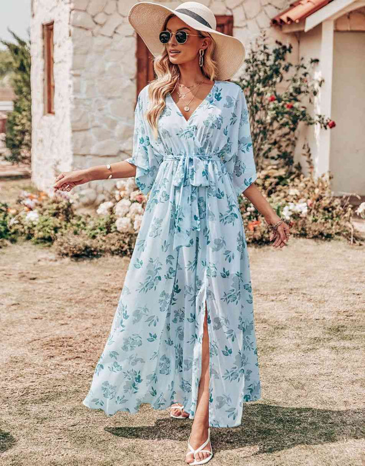 ANRABESS Women’s Summer Loose Kimono Wrap V Neck 3/4 Sleeve Floral Print Slit Long Dresses