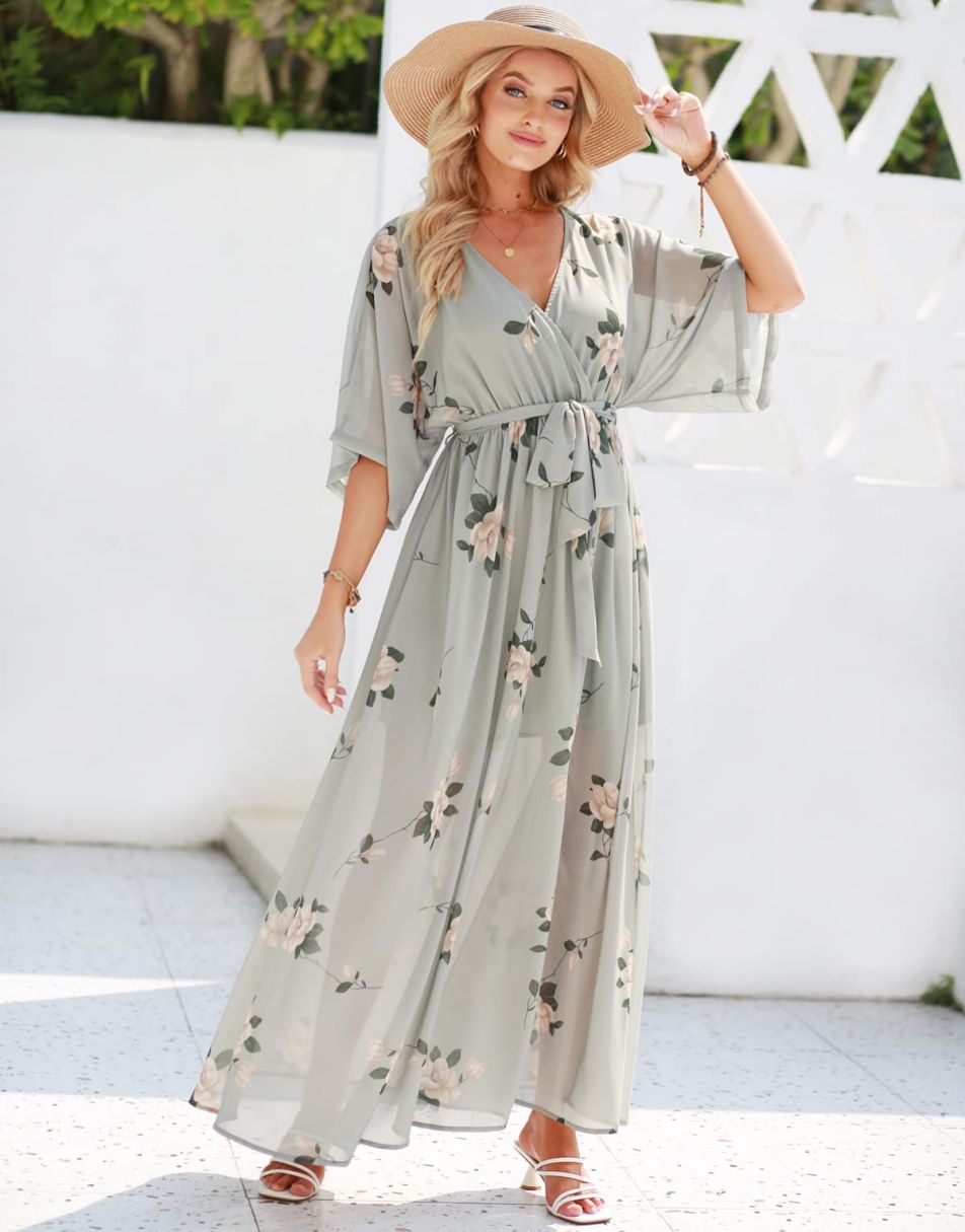 ANRABESS Women’s Summer Loose Kimono Wrap V Neck 3/4 Sleeve Floral Print Slit Long Dresses