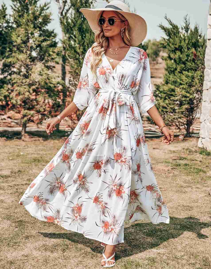 ANRABESS Women’s Summer Loose Kimono Wrap V Neck 3/4 Sleeve Floral Print Slit Long Dresses