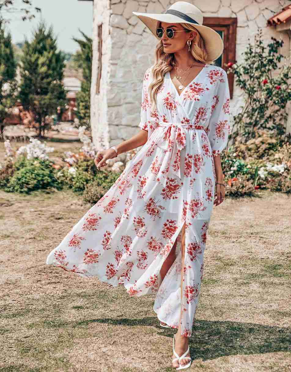 ANRABESS Women’s Summer Loose Kimono Wrap V Neck 3/4 Sleeve Floral Print Slit Long Dresses